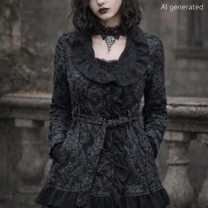 LA KITTY M black/gray patterned belted pocketed button up fleece coat frill